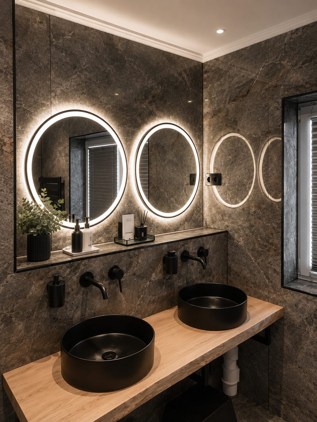 Badezimmer mit Doppelwaschtisch und runden Spiegeln